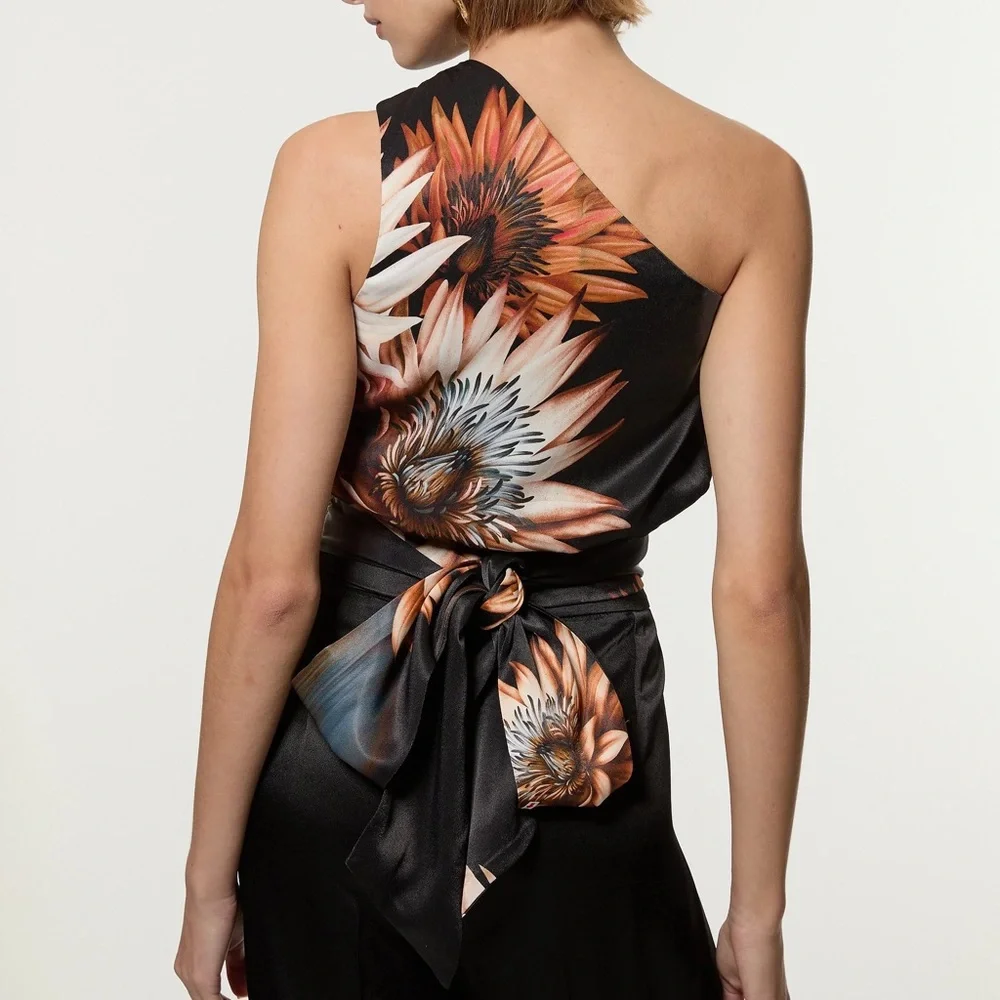New Karen Millen Viscose Satin Tie Waist One Shoulder Blouse Top Dark Floral