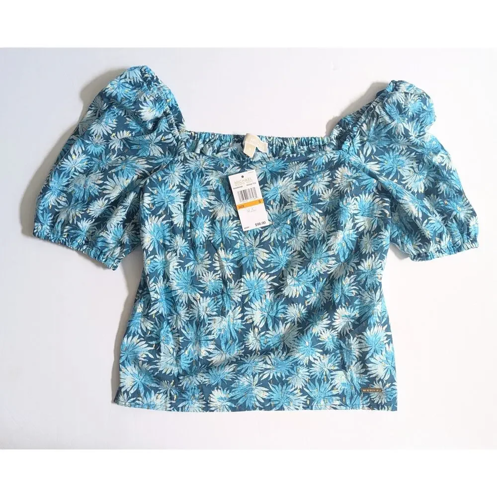 Michael Kors Off Shoulder Metallic Teal Floral Blouse | Women's S