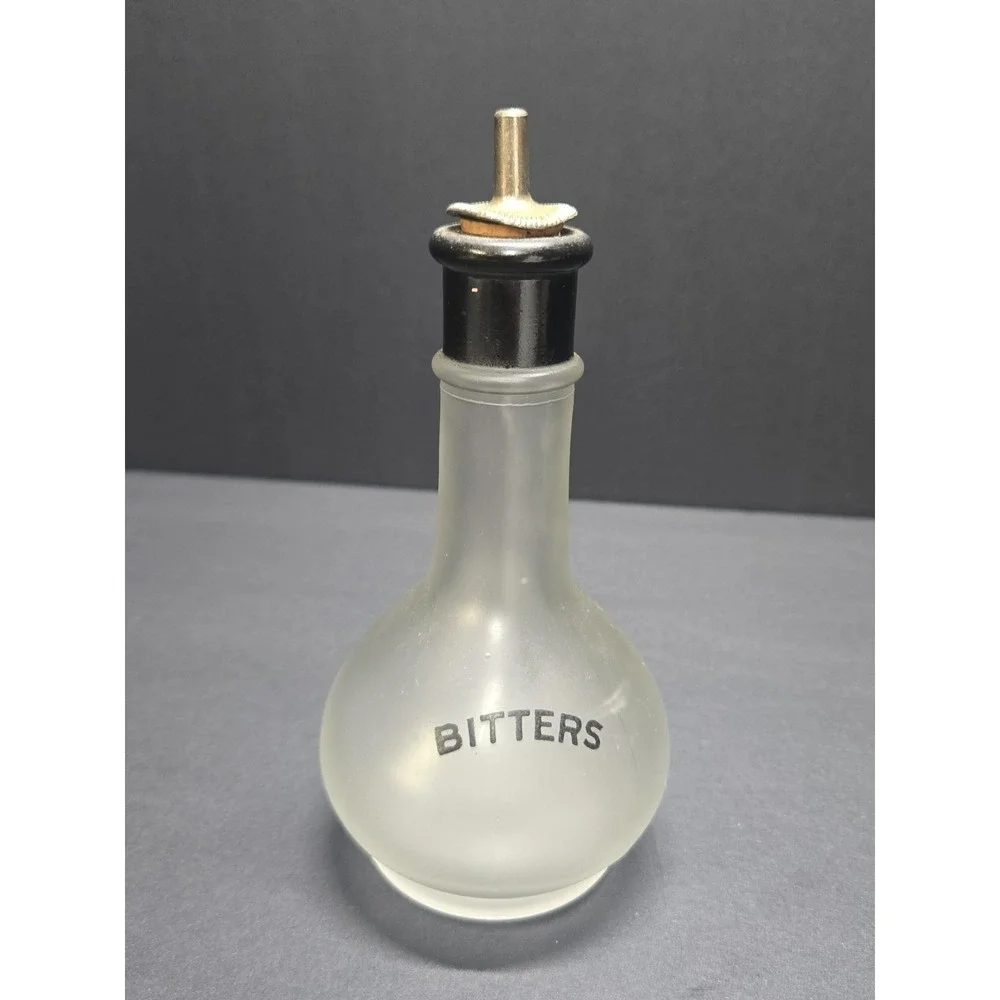 Vintage Hazel Atlas Frosted Glass Bitters Bottle Bar Dispenser Metal Pour Spout