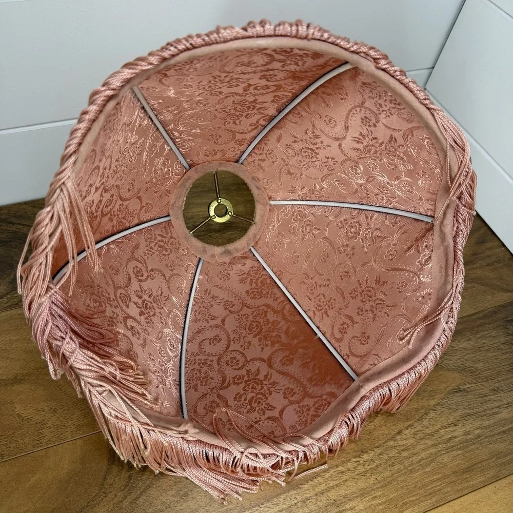 Vtg Victorian Fringed Lamp Shade Only Art Nouveau Brocade Panels Scalloped Edge
