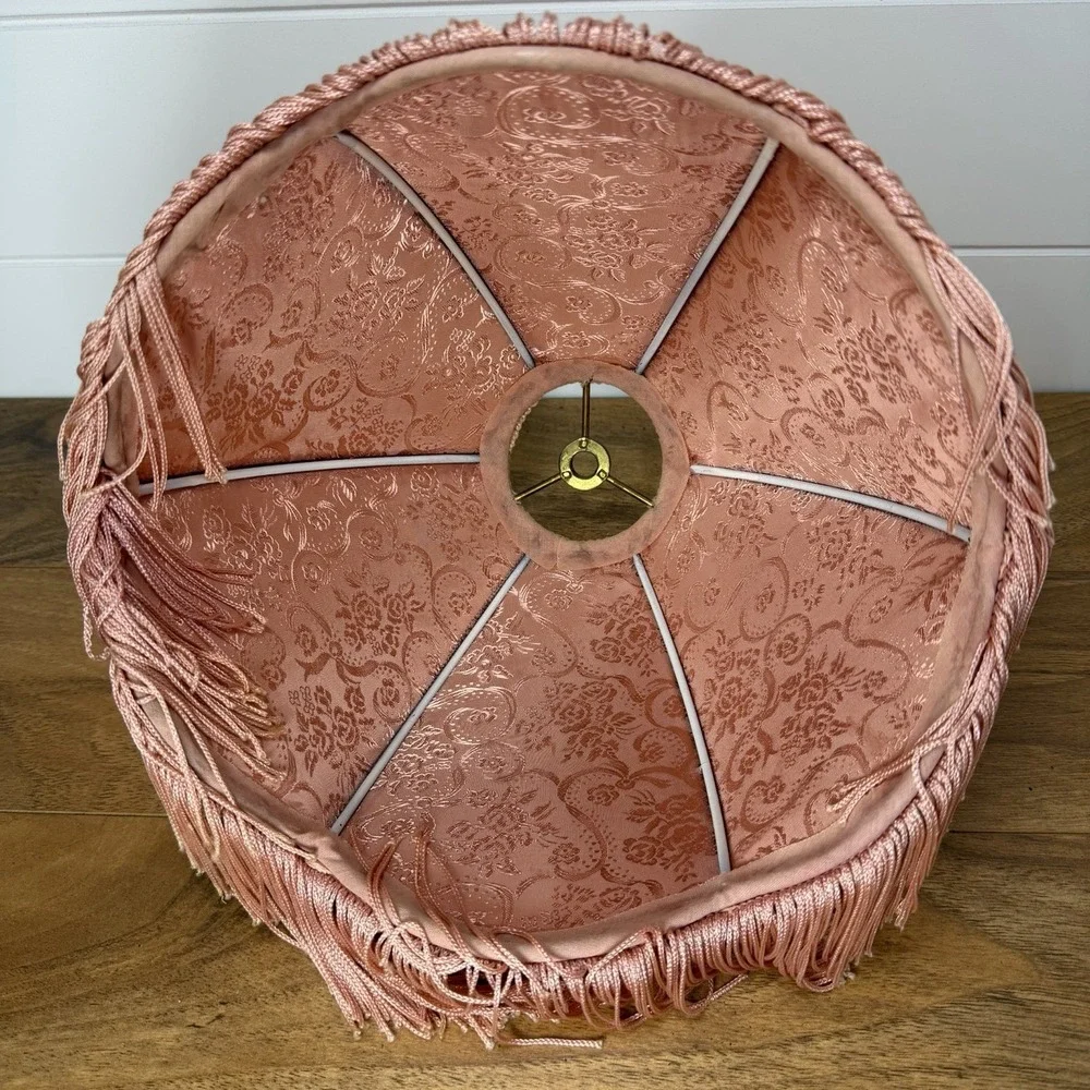 Vtg Victorian Fringed Lamp Shade Only Art Nouveau Brocade Panels Scalloped Edge