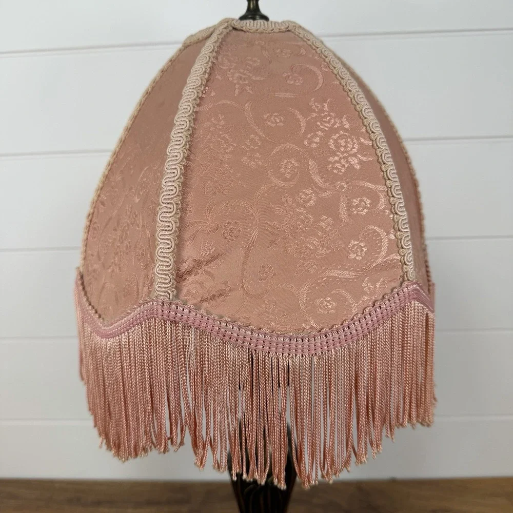 Vtg Victorian Fringed Lamp Shade Only Art Nouveau Brocade Panels Scalloped Edge