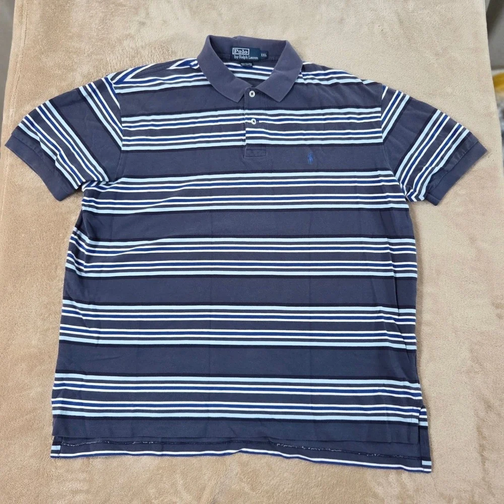 Vintage Polo Ralph Lauren Polo Men 2XL Blues Cotton Stripes Short Sleeves EUC