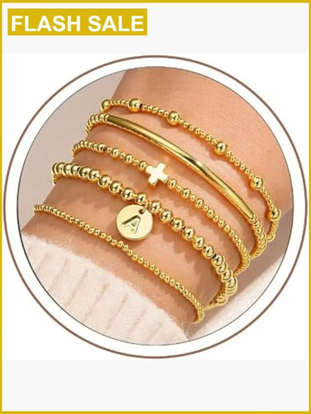 Dainty Cross Initial Beaded Bracelet Stack Gold Stainless Steel Layered Set