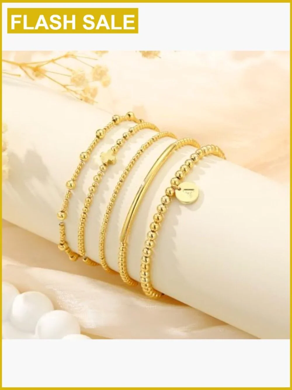 Dainty Cross Initial Beaded Bracelet Stack Gold Stainless Steel Layered Set