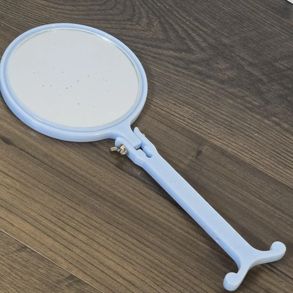 Vintage Light Blue Handheld Mirror Plastic Double-sided Adjustable Made in‎ USA