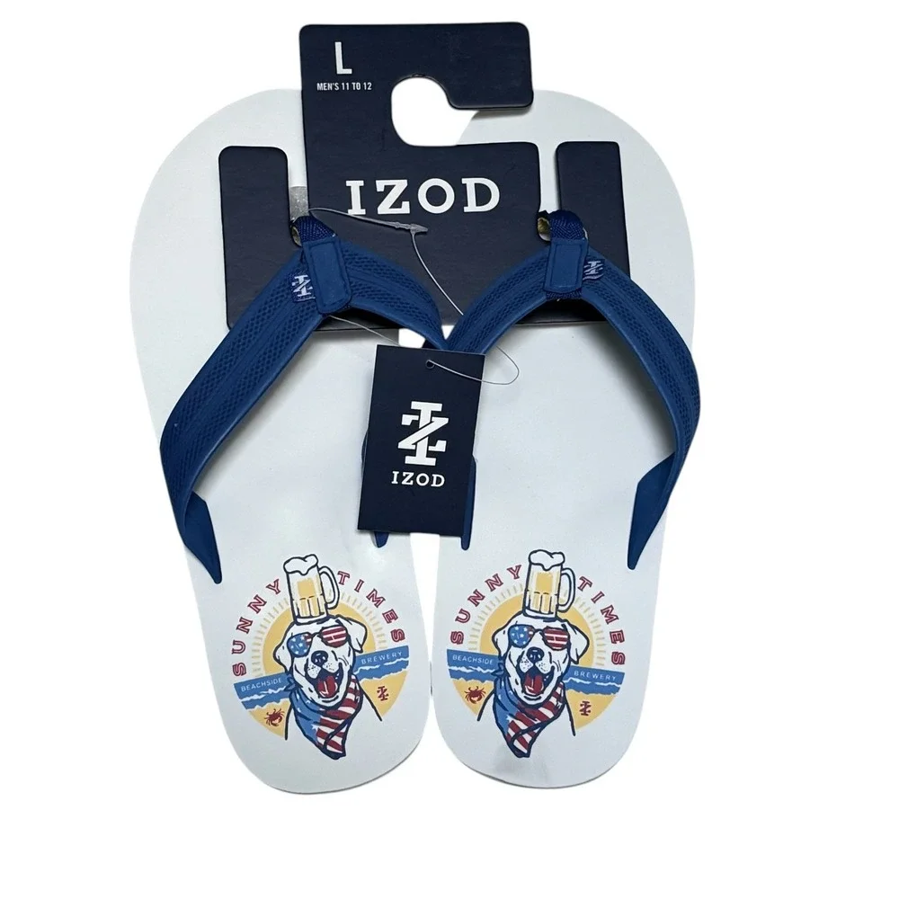 IZOD Mens Flip Flops Large 11-12 White Blue Sunny Times Brewery Dog‎ Sandals NEW
