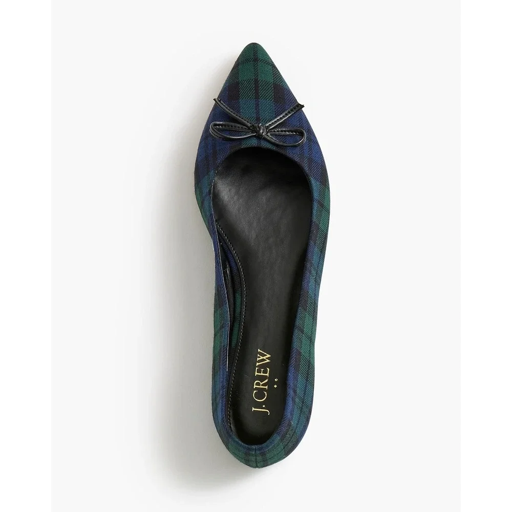 J.Crew Womens Black Watch Plaid Pointed Toe Bow Flats BT216 Size 8