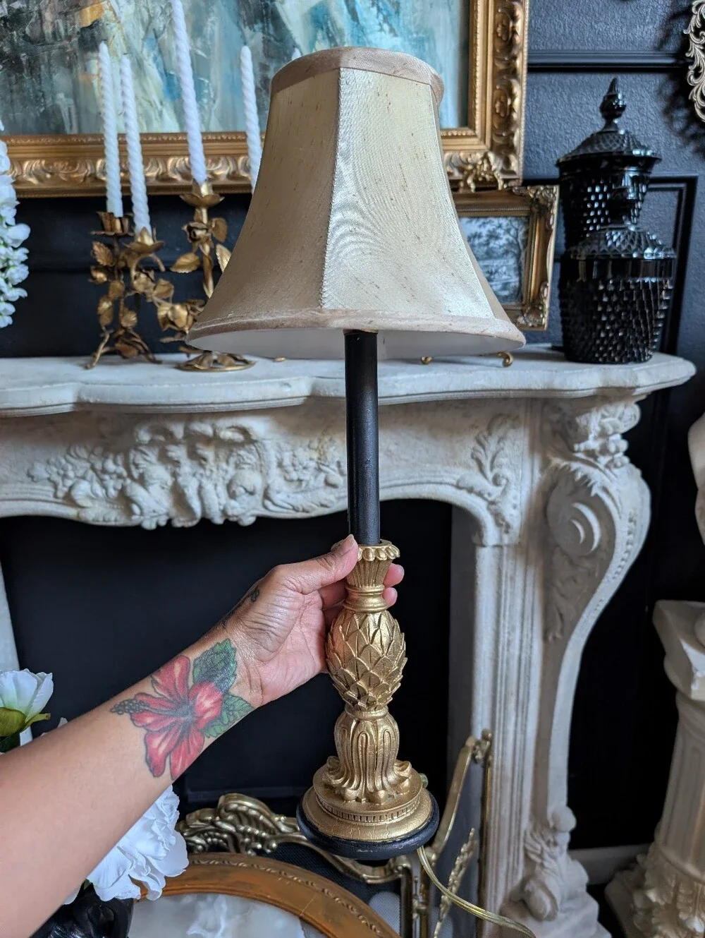 Vintage Small French boudoir-style table lamp, ornate, gold-gilt pineapple moti