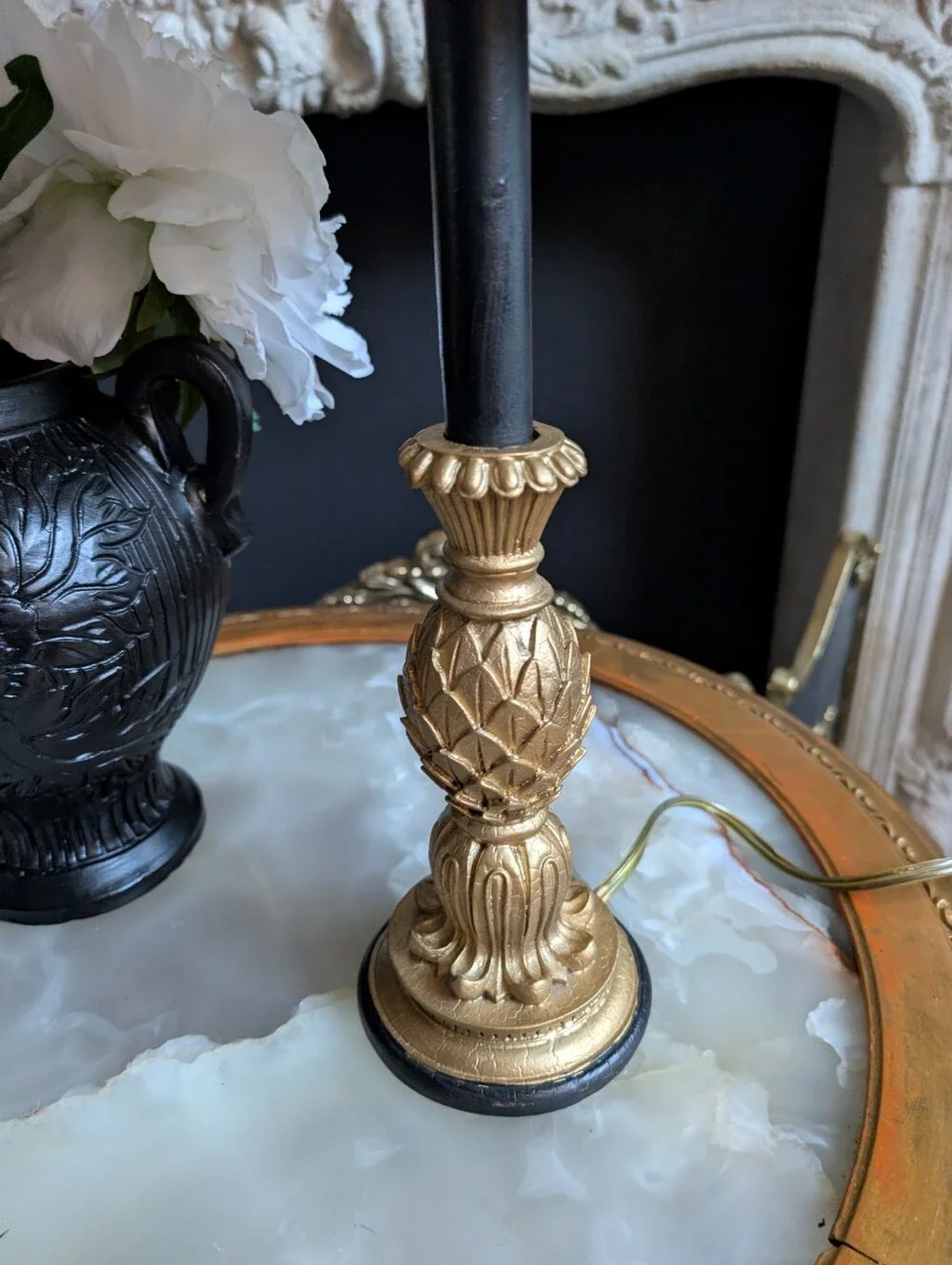 Vintage Small French boudoir-style table lamp, ornate, gold-gilt pineapple moti