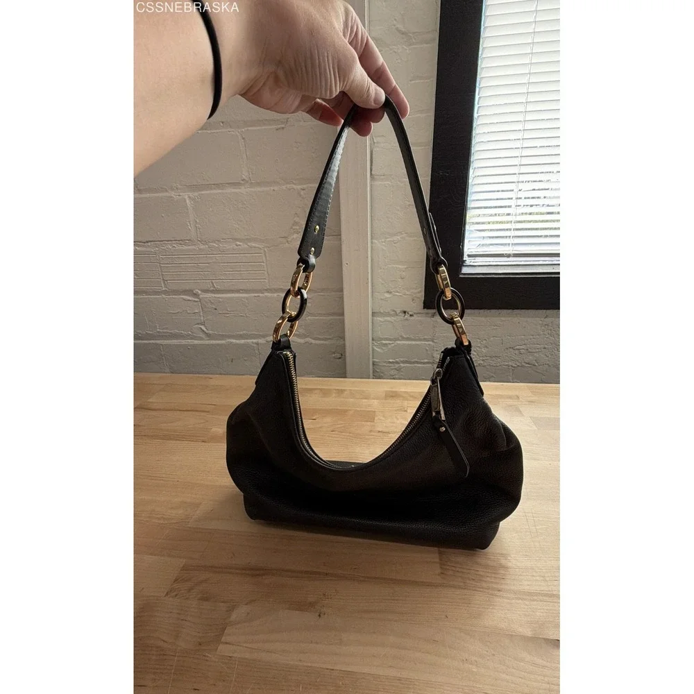 Michael Kors Black Pebbled Leather Hobo Shoulder Bag Gold Tone Ring Hardware