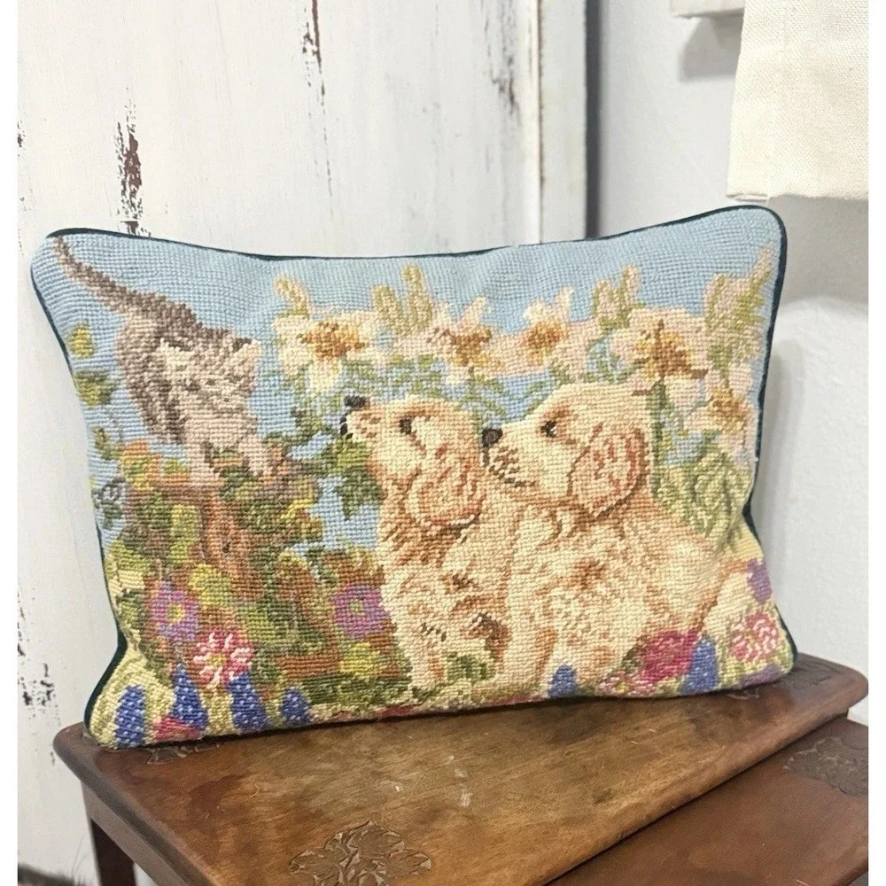 VTG Needlepoint Throw Pillow Golden Retriever Puppies Cat Floral Velvet Back