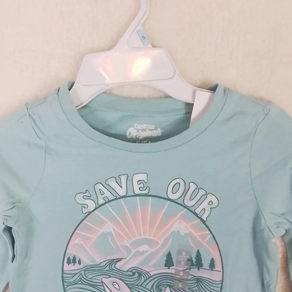 OshKosh Long Sleeve Cotton‎ T-Shirt Girl's Size 5 in Green w/ Ocean Graphic