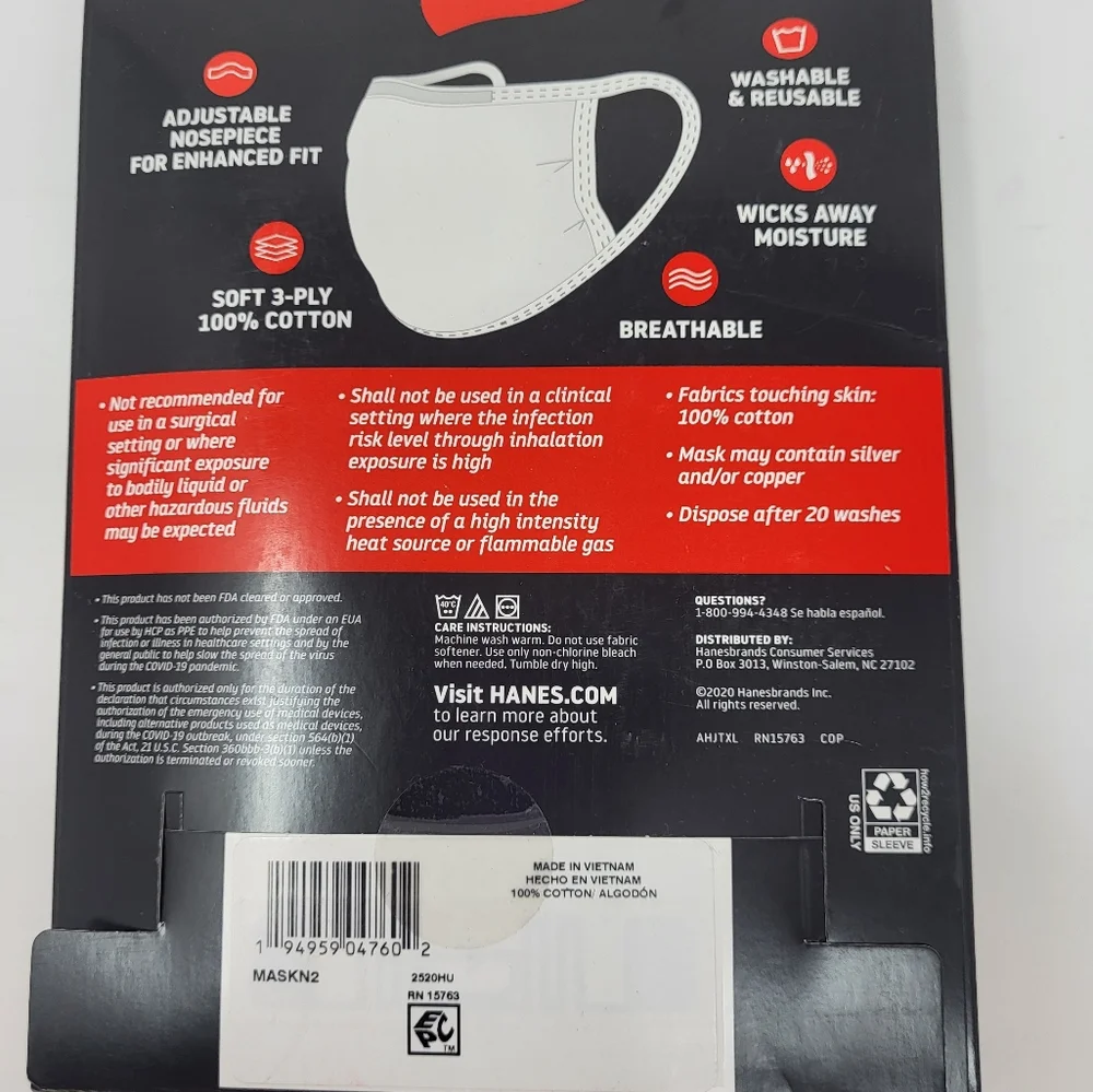 Hanes 10 White 3‎ Ply Cotton Reusable Face Masks White