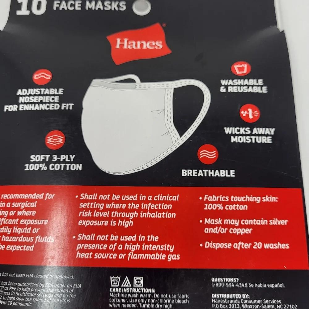 Hanes 10 White 3‎ Ply Cotton Reusable Face Masks White