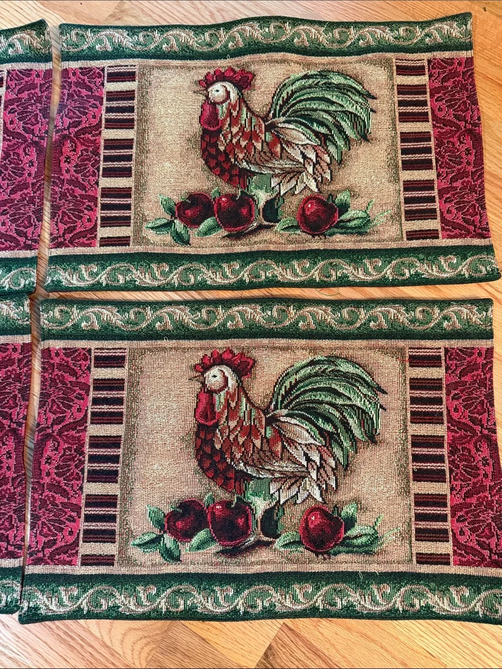 Rooster Tapestry Placemat Set - Red, Green, Beige