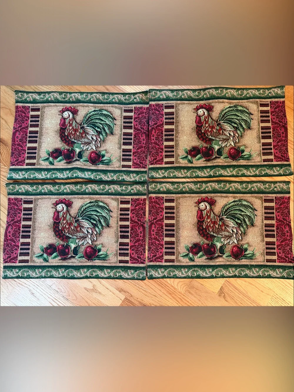 Rooster Tapestry Placemat Set - Red, Green, Beige