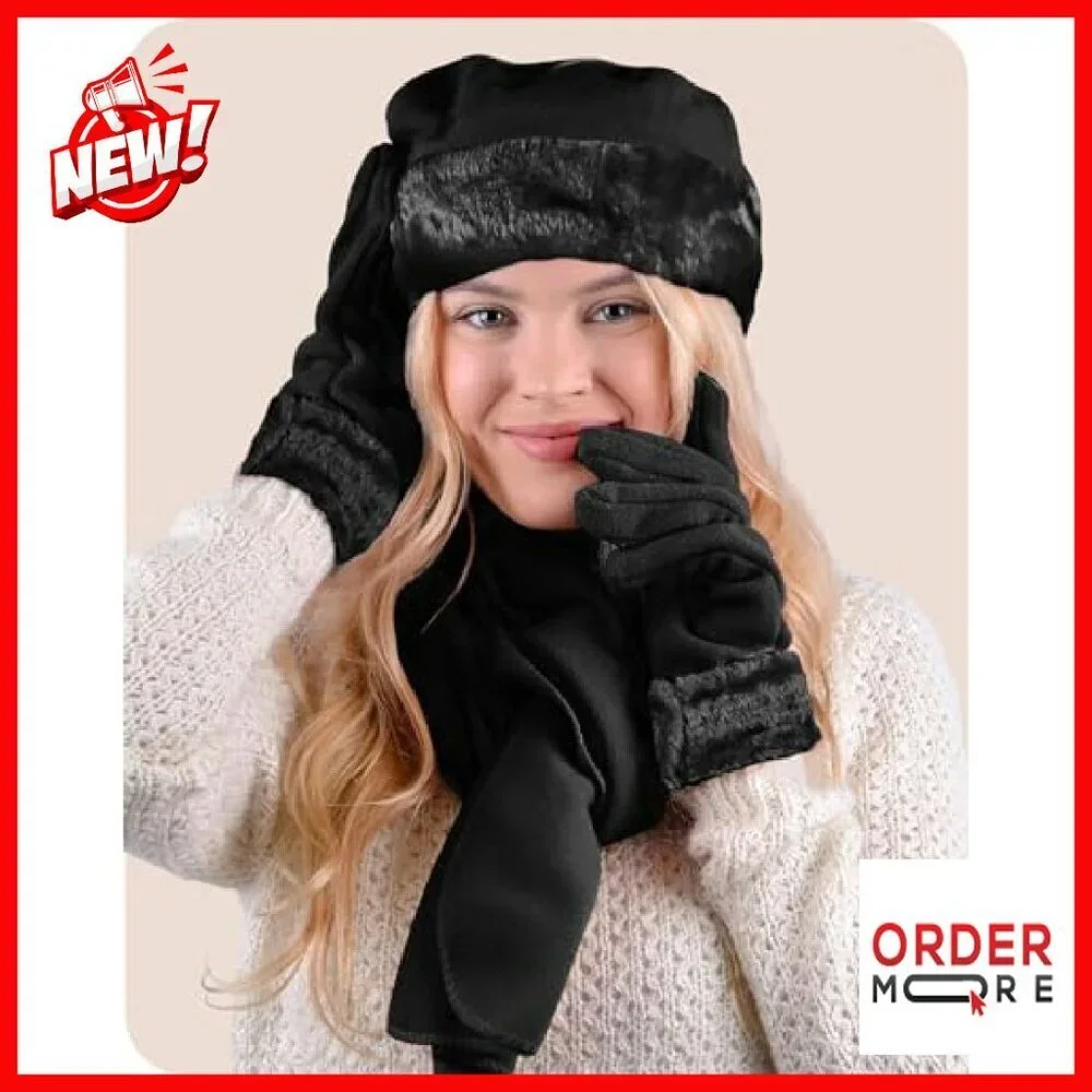 Women's Fleece Winter Hat & Glove Set - Warm Plush Fur Trim