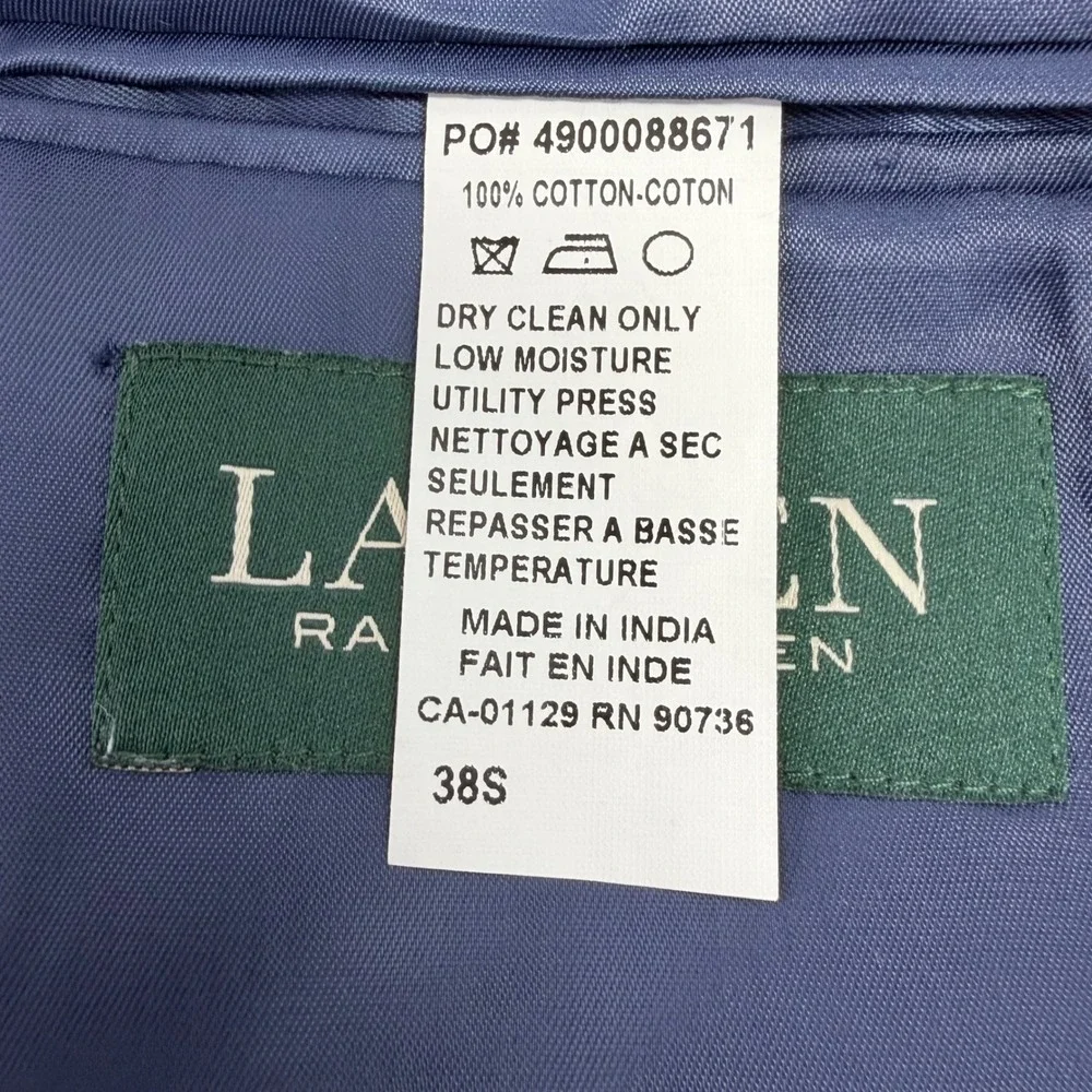 Lauren Ralph Lauren Cotton Blazer Mens 38S Blue Windowpane Plaid Sport Coat
