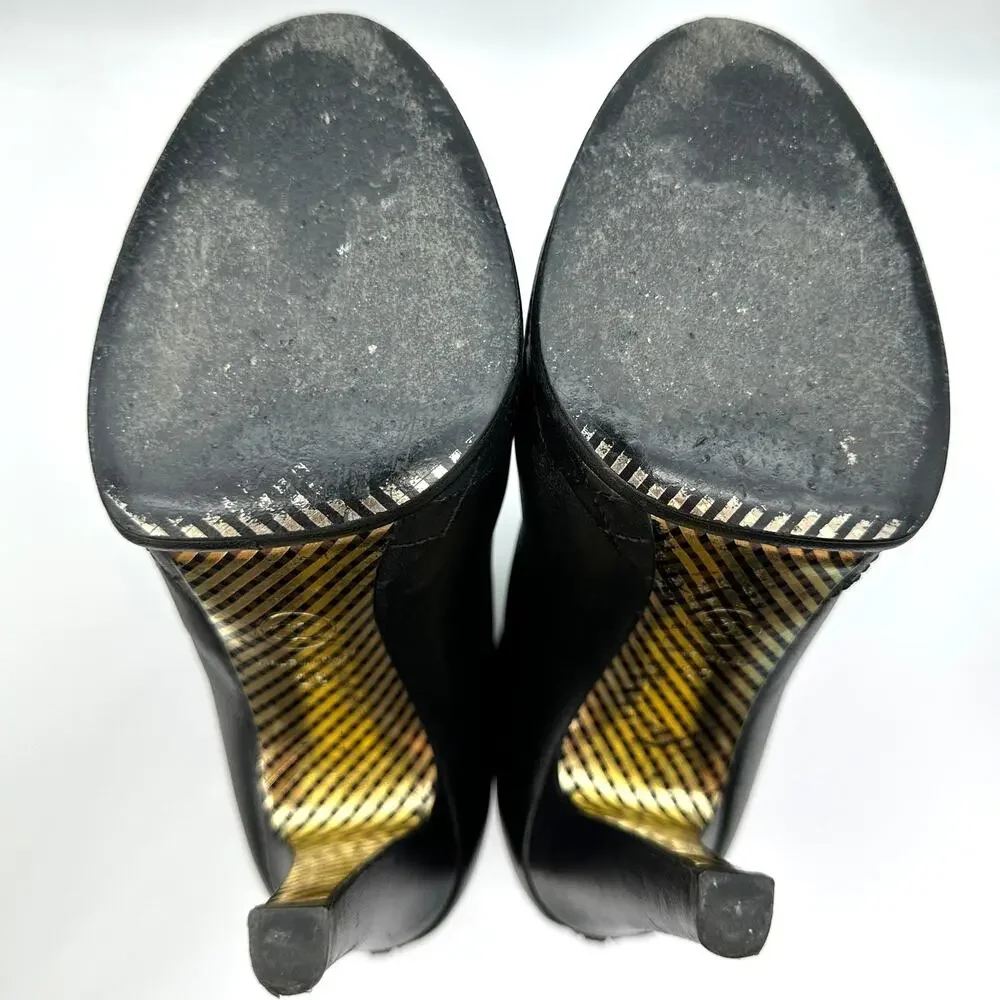 CHANEL Black Leather CC Cap Toe Quilter Platform Heel Boots IT 36