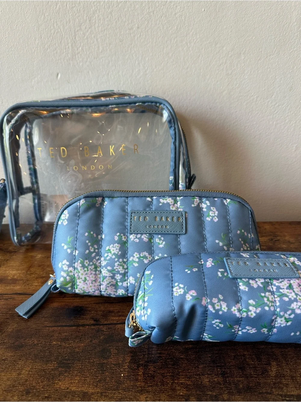 Ted Baker 3 Piece Blue Quilted Floral & Clear Cosmetic Bag Pouches NWT