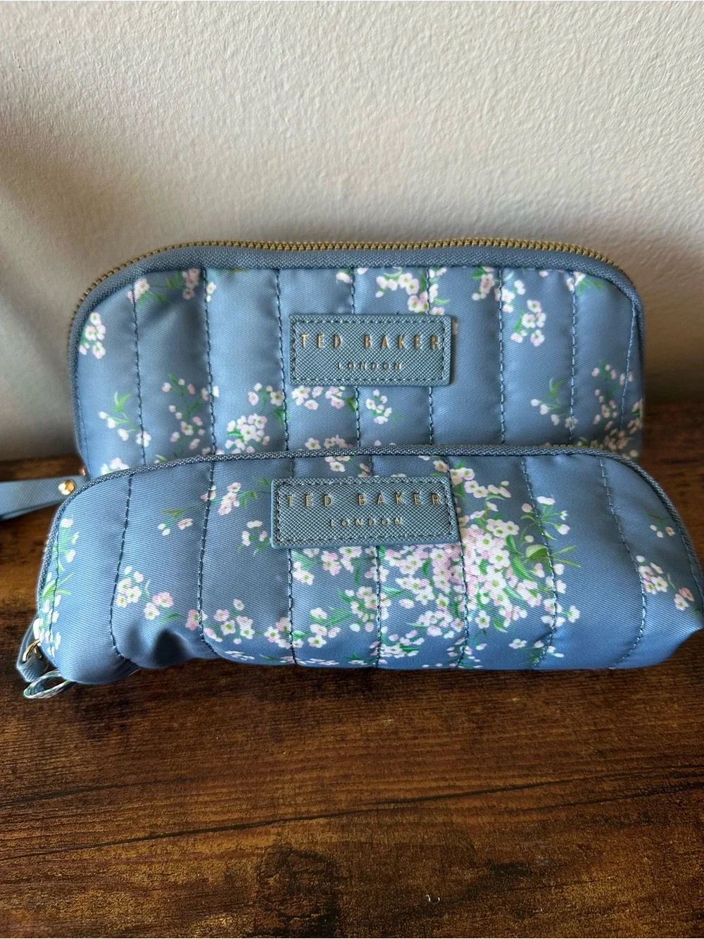 Ted Baker 3 Piece Blue Quilted Floral & Clear Cosmetic Bag Pouches NWT