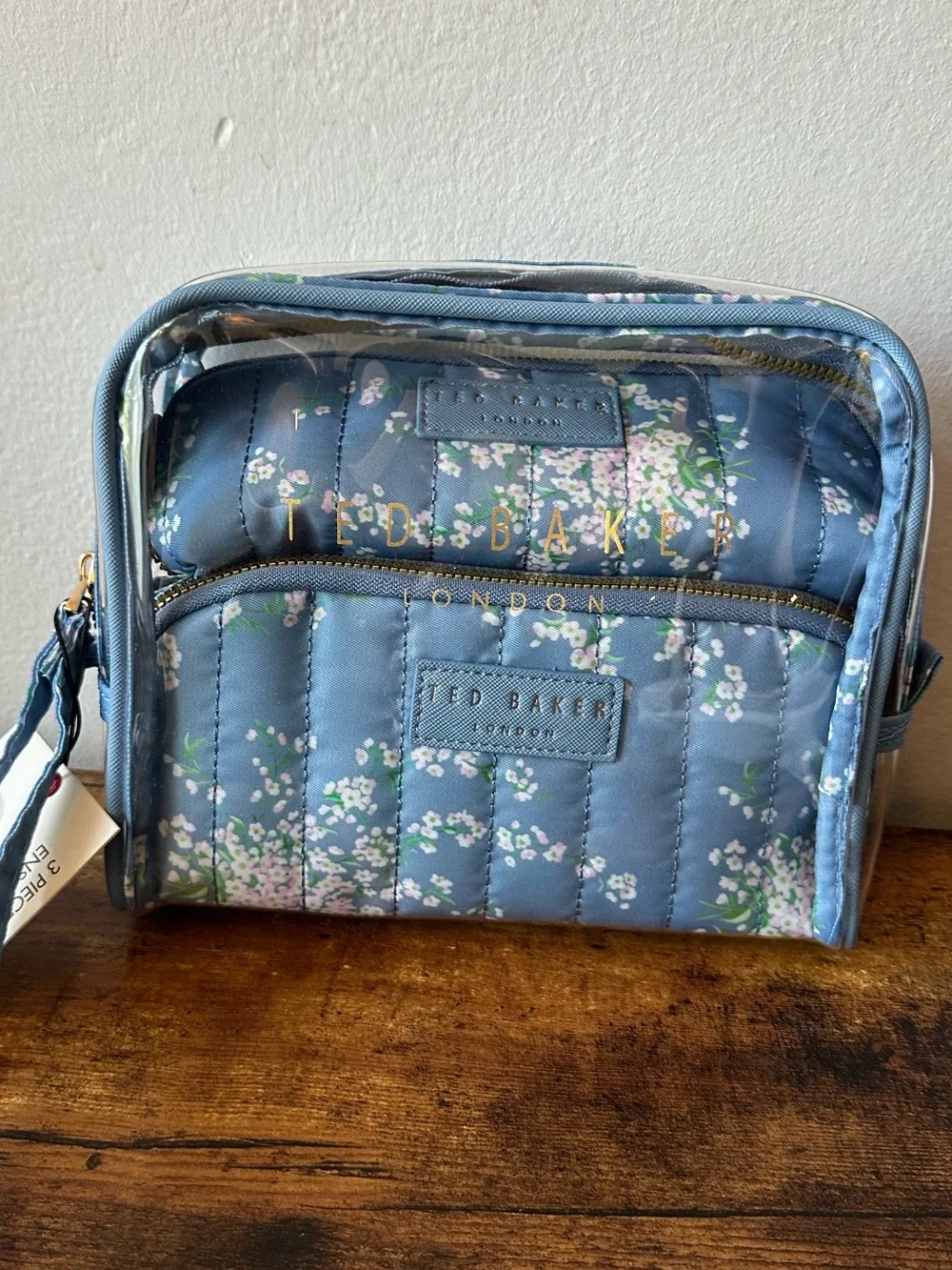 Ted Baker 3 Piece Blue Quilted Floral & Clear Cosmetic Bag Pouches NWT