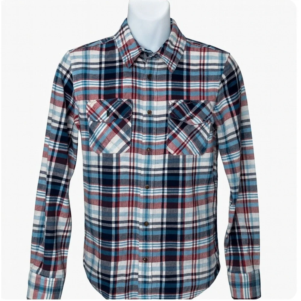 True Religion Shirt Mens Small Blue Red Plaid Flannel‎ Style Dual Pocket Casual