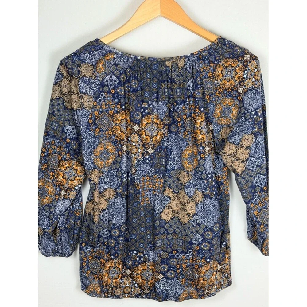 Michael Kors Boho Peasant Top Blue Orange Print 3/4 Sleeve Lightweight M
