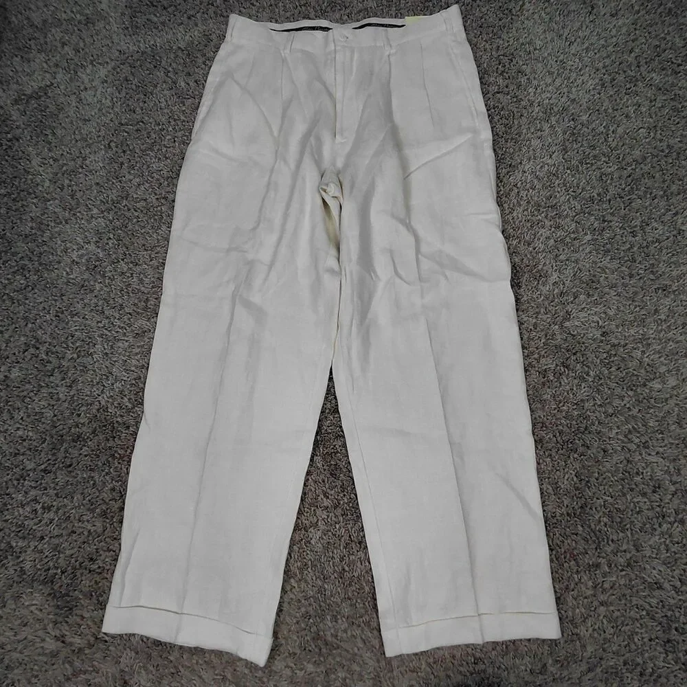 Alan Flusser 100% Linen Pants Mens 36x30 White Pleated Cuffed Trousers