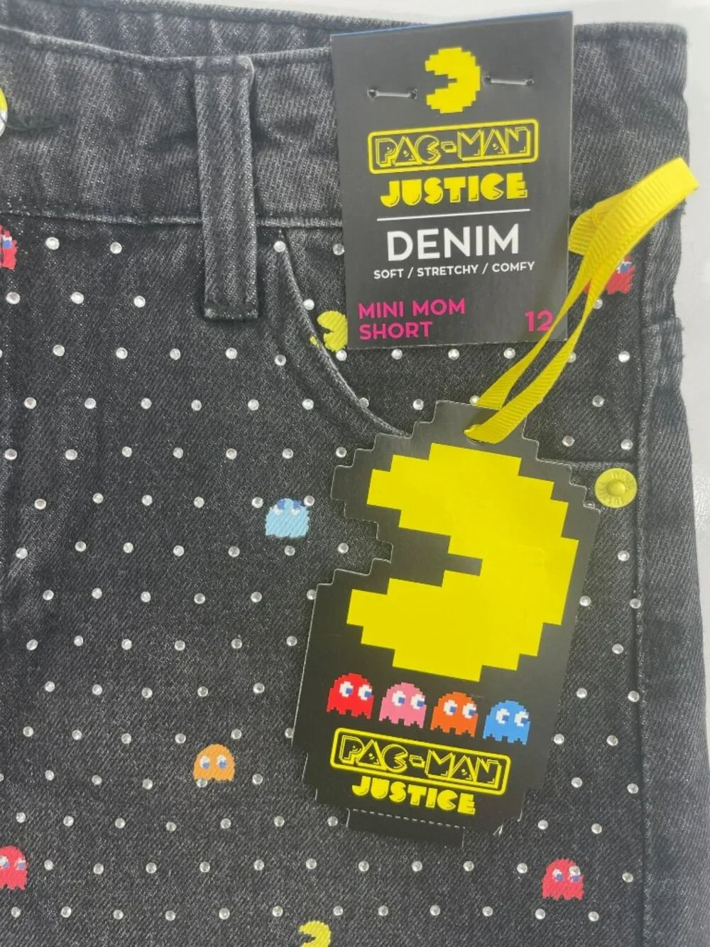 Justice Pac-Man Mini Mom Shorts Black Denim Rhinestone Stretchy Girls Sz 12 NWT
