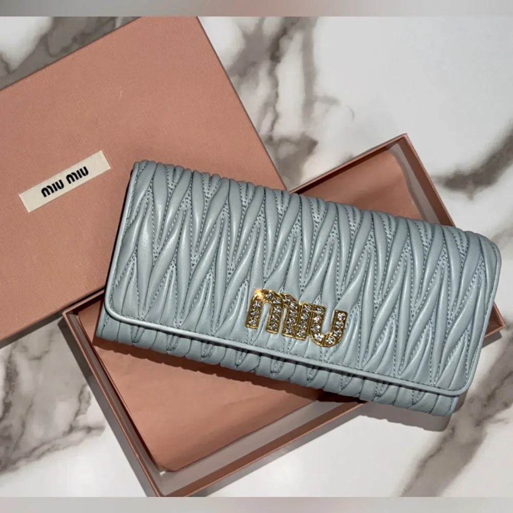Miu Miu Matelasse Bifold Long Wallet Logo Leather Cielo Blue