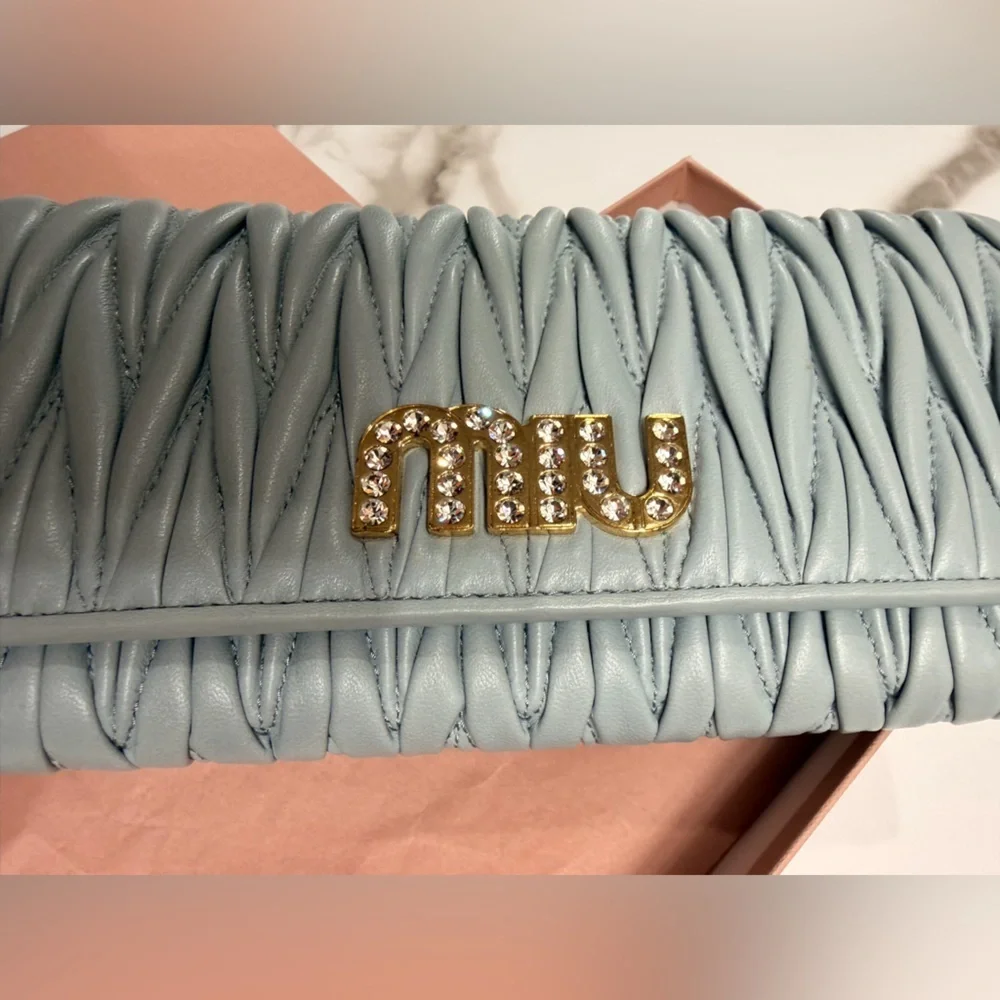 Miu Miu Matelasse Bifold Long Wallet Logo Leather Cielo Blue