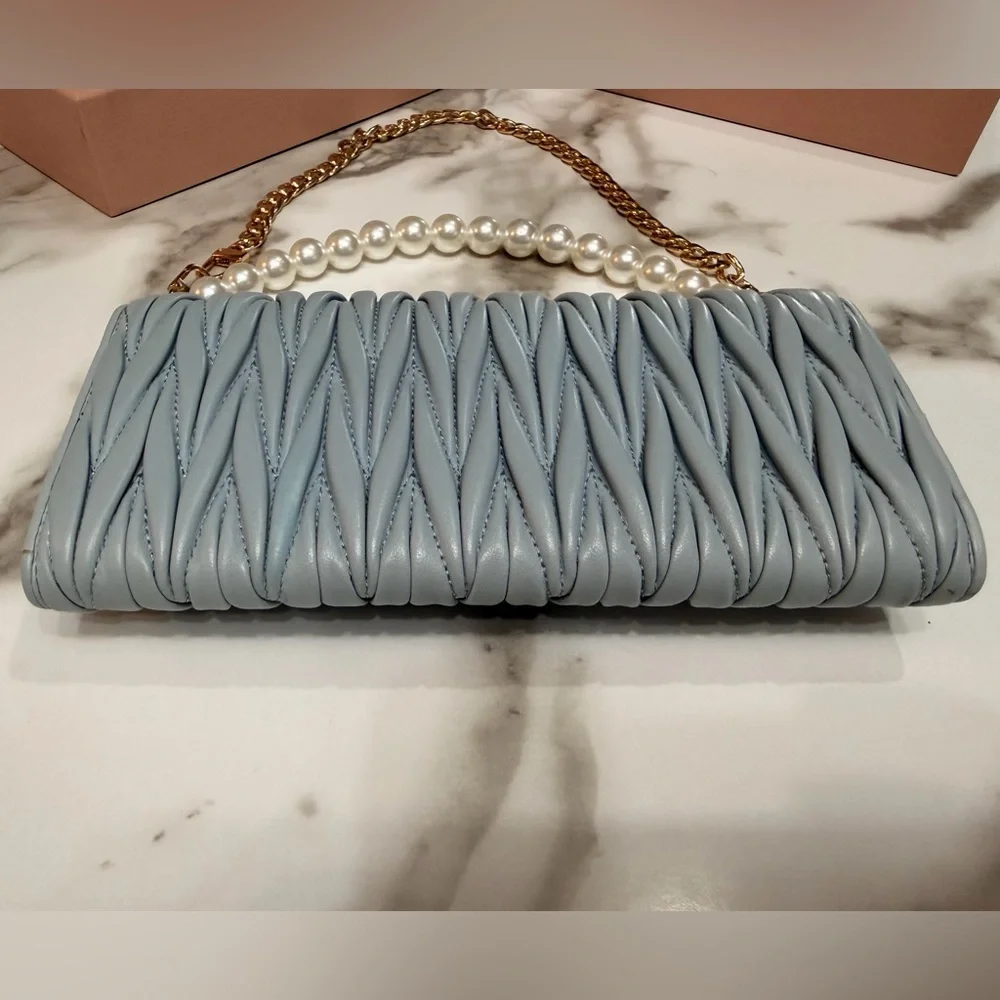 Miu Miu Matelasse Bifold Long Wallet Logo Leather Cielo Blue