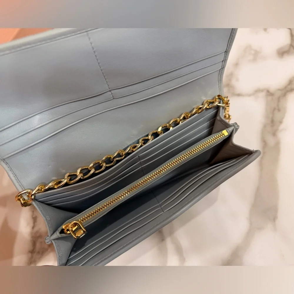 Miu Miu Matelasse Bifold Long Wallet Logo Leather Cielo Blue
