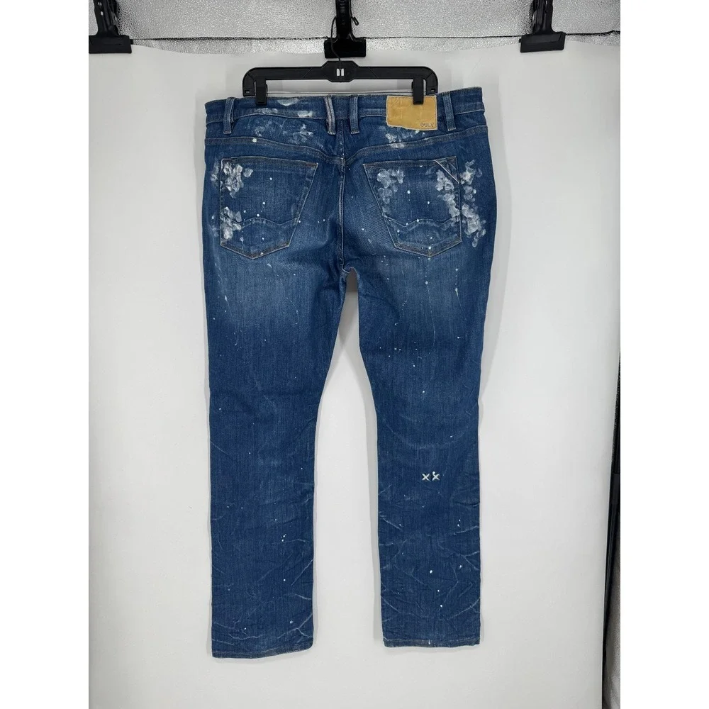 Cult Of Individuality Jeans Mens 42x33 Blue Denim Paint Splatter Rocker Slim Fit