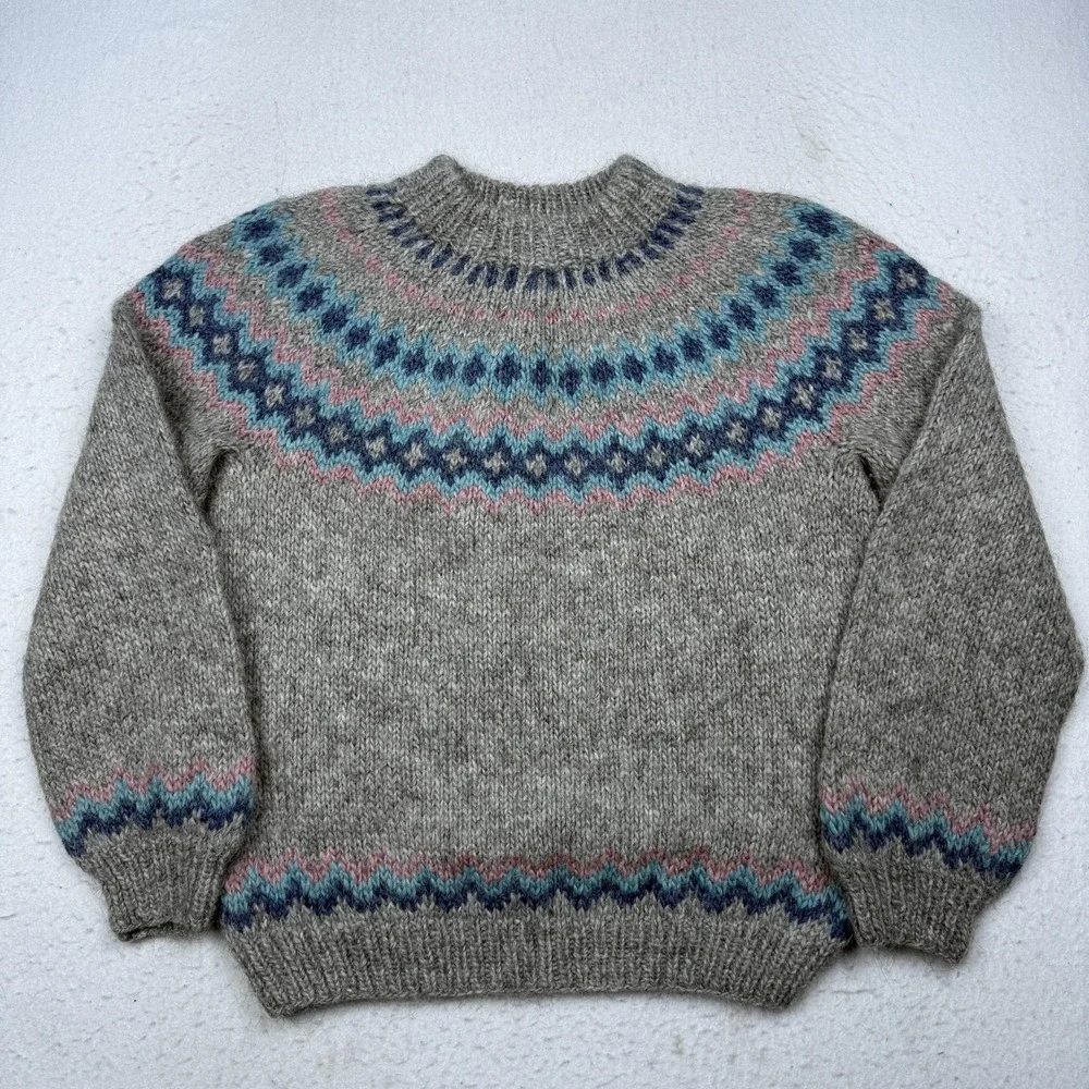 FRON Enterprises Icelandic Wool Sweater Mens Large Gray Fair Isle Crewneck