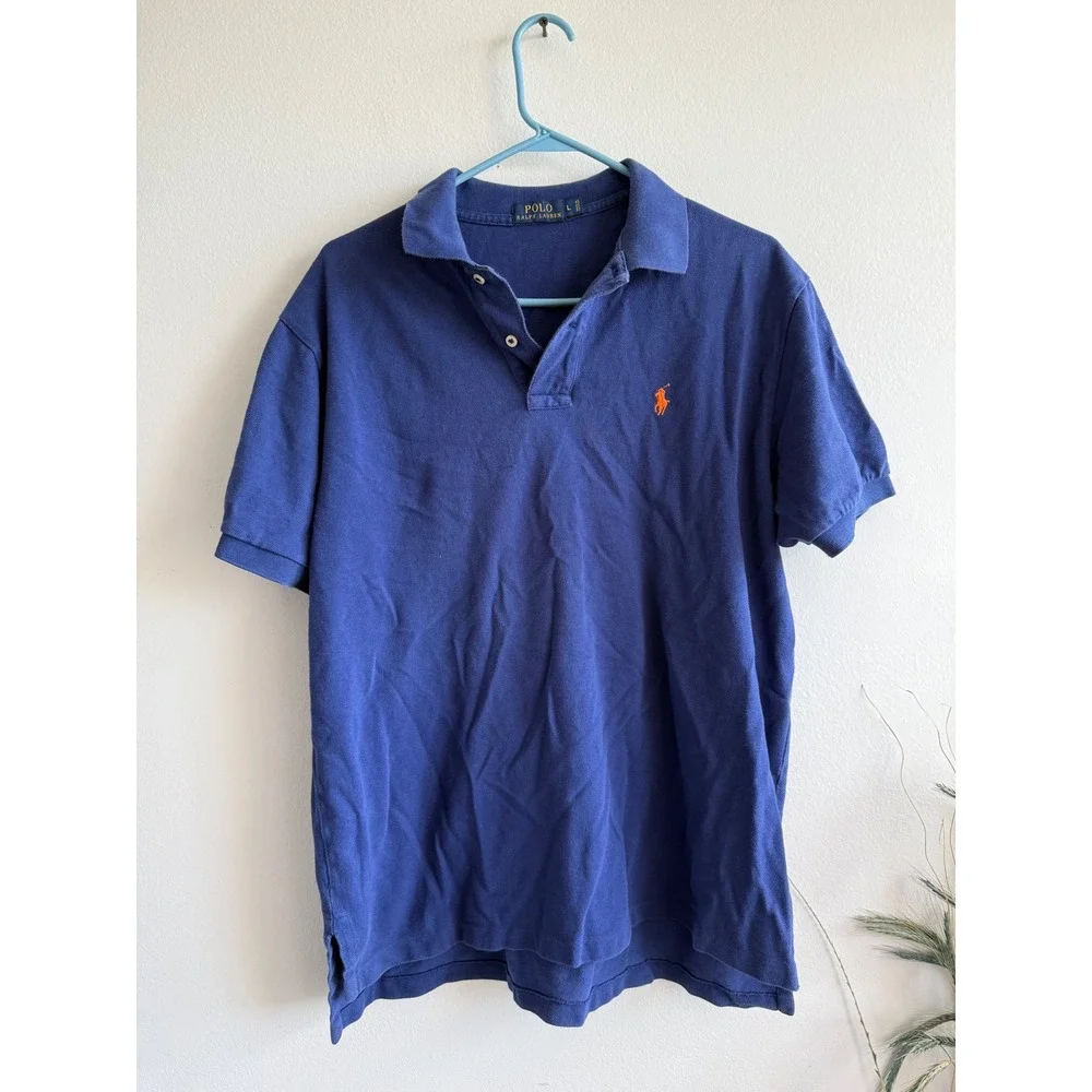 Polo Ralph Lauren Mens Royal Blue Short Sleeve Pique Polo Shirt Orange Pony L