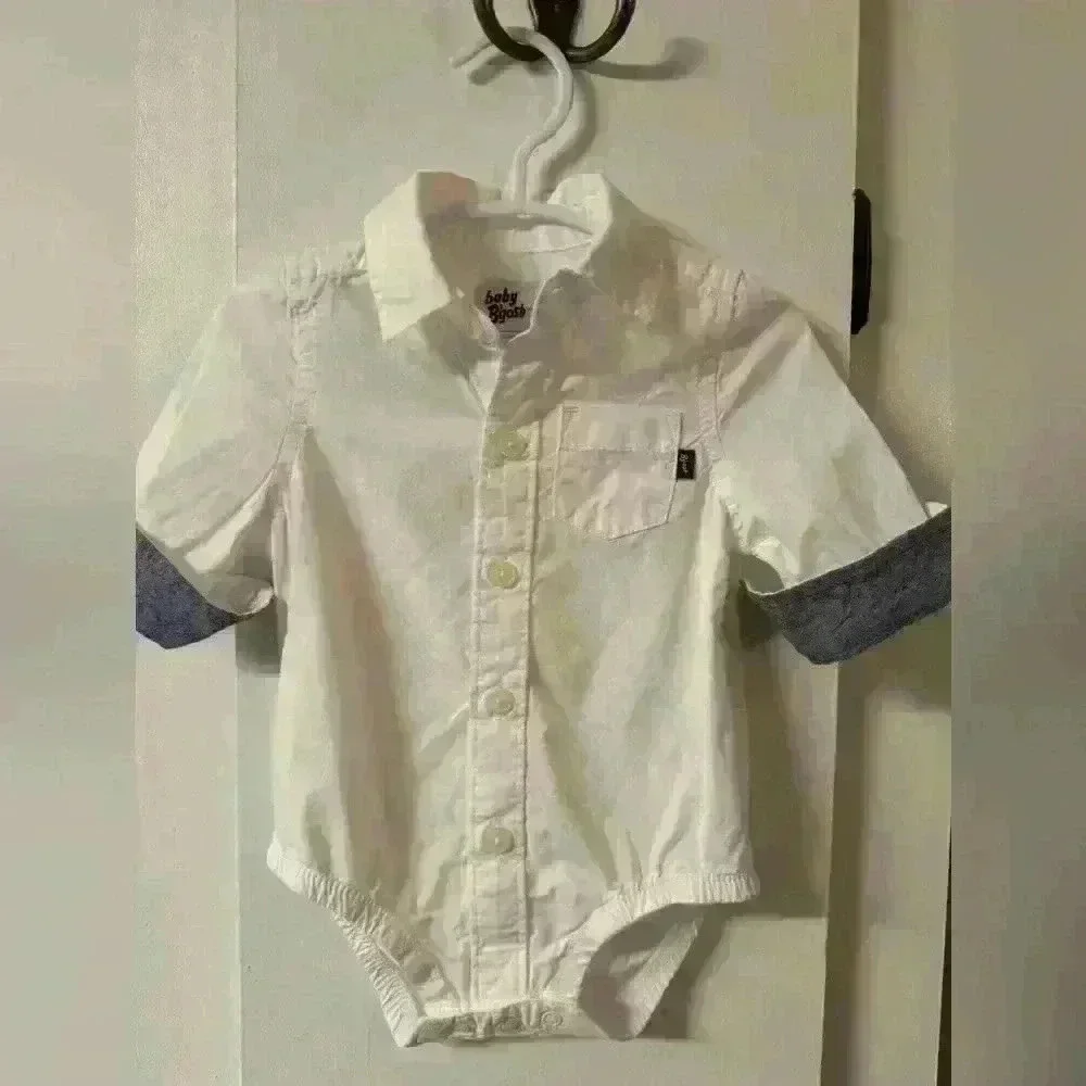 Baby Bgosh white collar button up onesie with cuffed denim sleeve size 3m EUC