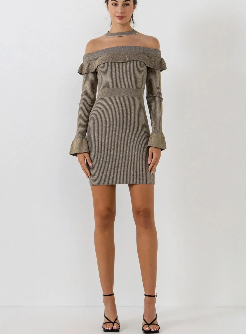 Endless Rose Off-Shoulder Metallic Taupe Ribbed Mini Dress