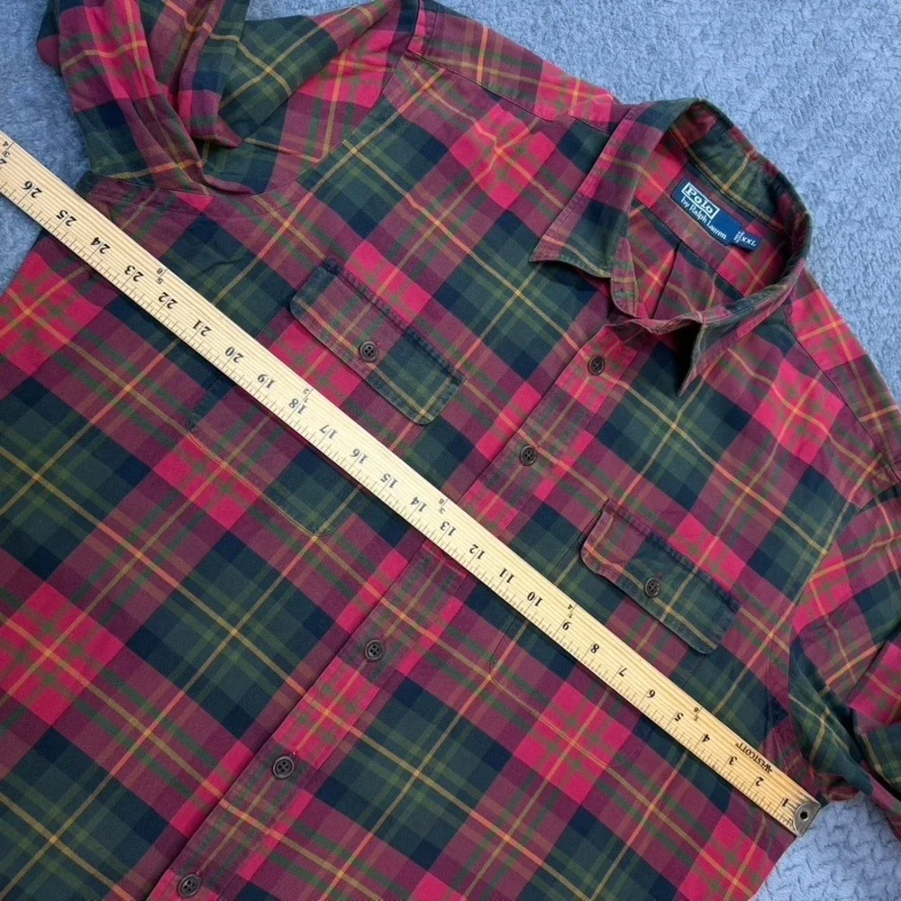 Vintage Polo Ralph Lauren Shirt Men XXL Red Green Plaid Elbow Patch Button Up 90