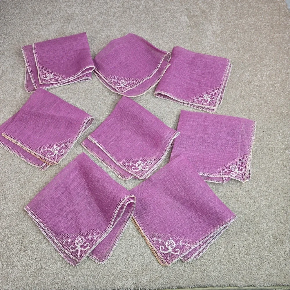 Vintage Orchid Purple Linen Napkins Set of 8 Hand Crocheted White Lace Trim