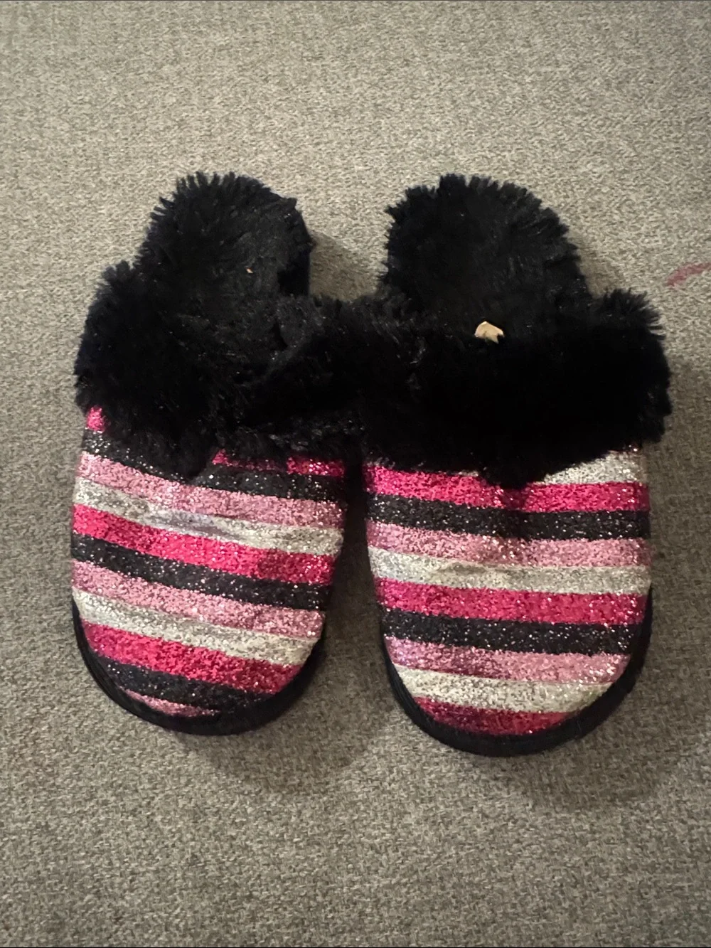 5/$15- Cozy Fuzzy Striped Slippers - Black, Pink, Silver