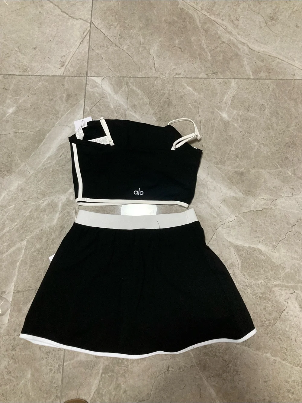 ALO Yoga Black Crop Top and Skirt Set with White Trim