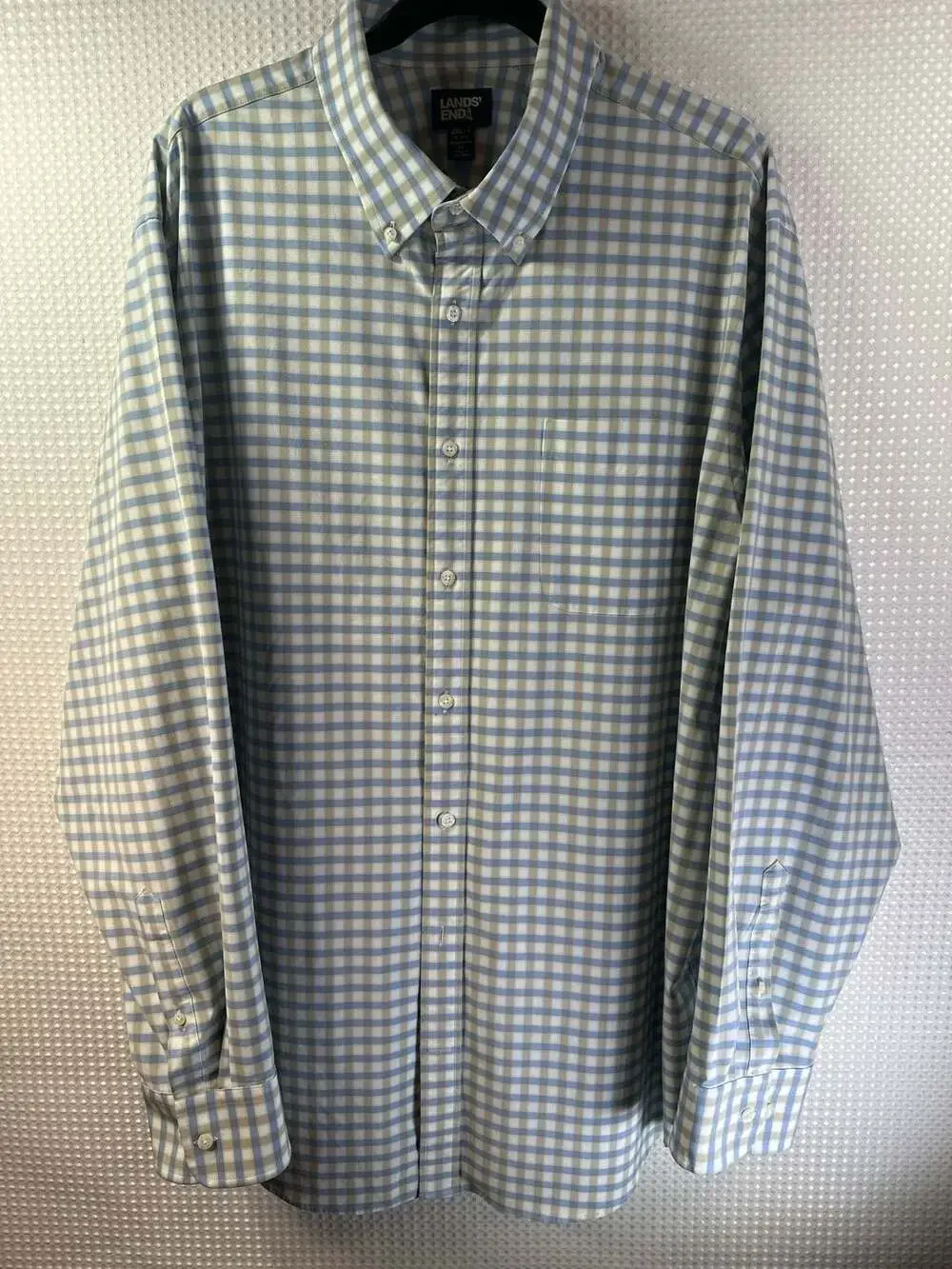 Lands' End Traditional Fit Blue and Tan Gingham Check Button-Down Shirt
