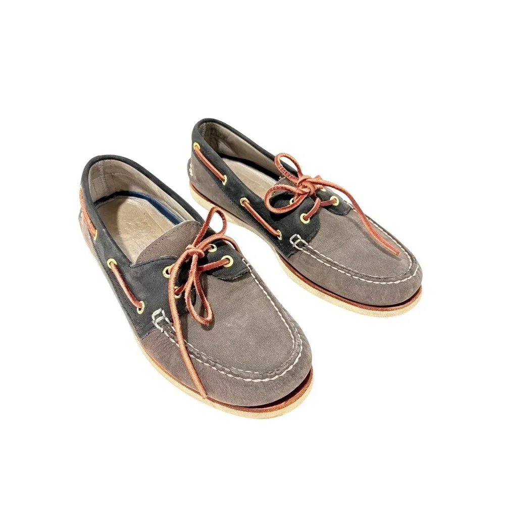 VTG Sperry Gold Cup Mens 9.5 M Grey Navy Leather Boat Shoes 10847079 Deck Shoes