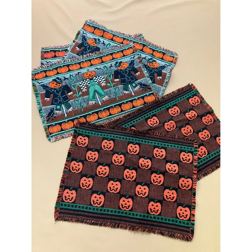 Halloween Placemats Set of 5 Pumpkin Scarecrow Fall Decor Woven Tapestry Holiday