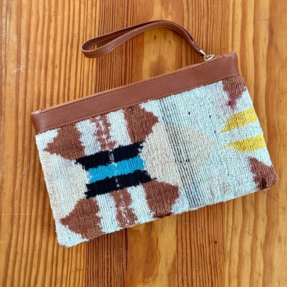 Elysian by Emily Morrison Silk Velvet Ikat Leather‎ Trim Wristlet Clutch Pouch
