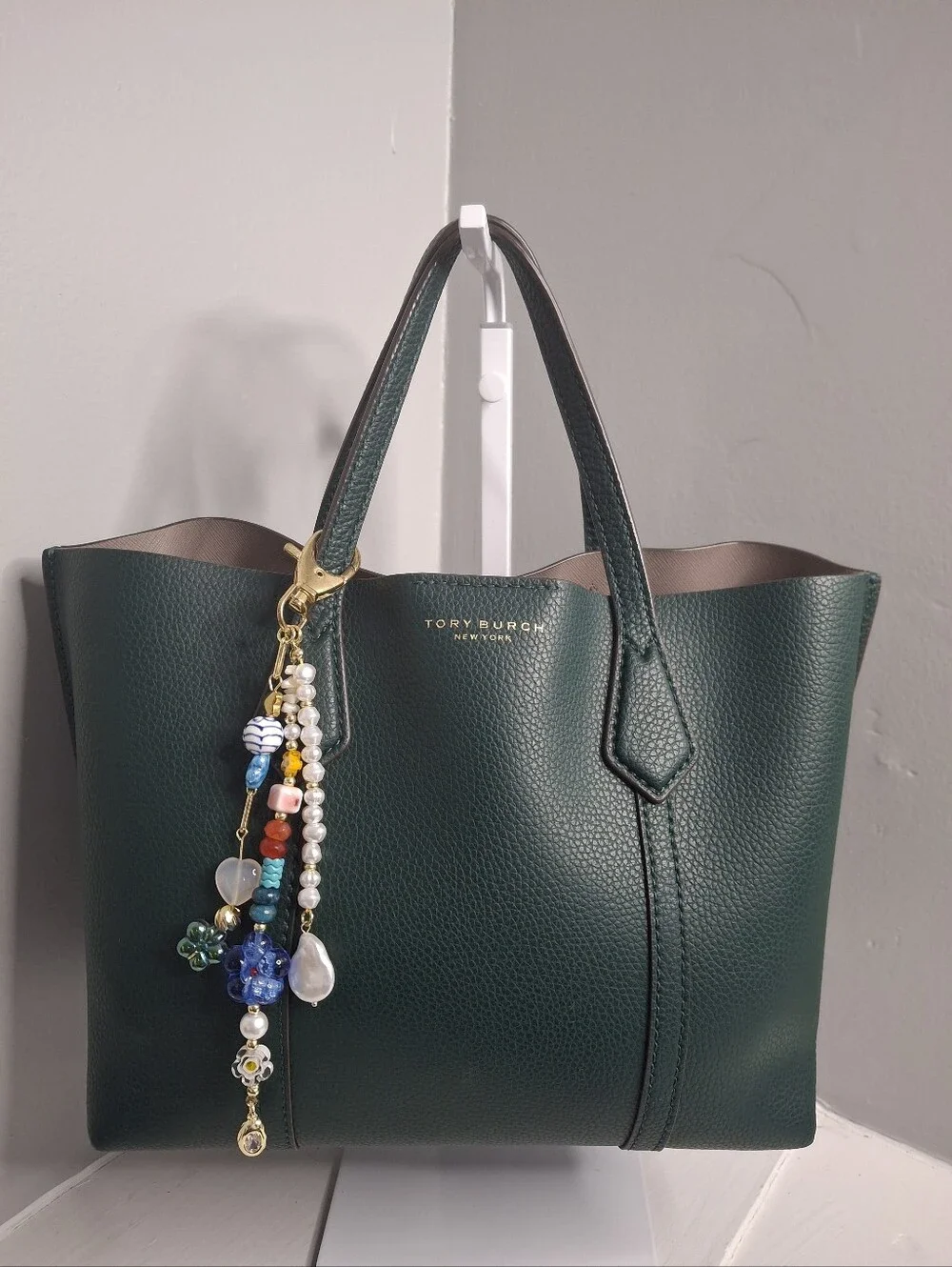 Tory Burch Emerald Green Pebbled Leather Tote Bag Charm Included EUC