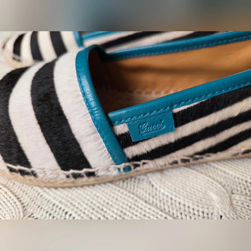 Gucci Lillibeth Pony Style Espadrilles Black & White Stripe Resortwear Size 39‎